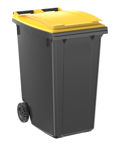 Conteneur poubelle gris à couvercle jaune et deux roues.