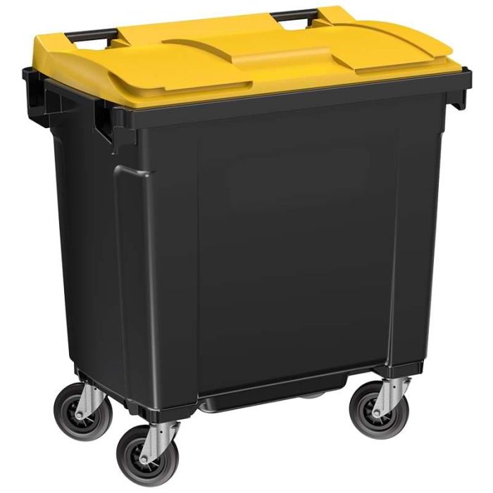 Conteneur poubelle gris à couvercle jaune et quatre roues.
