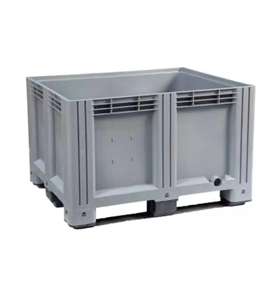 Caisse-palette ouverte en plastique gris.