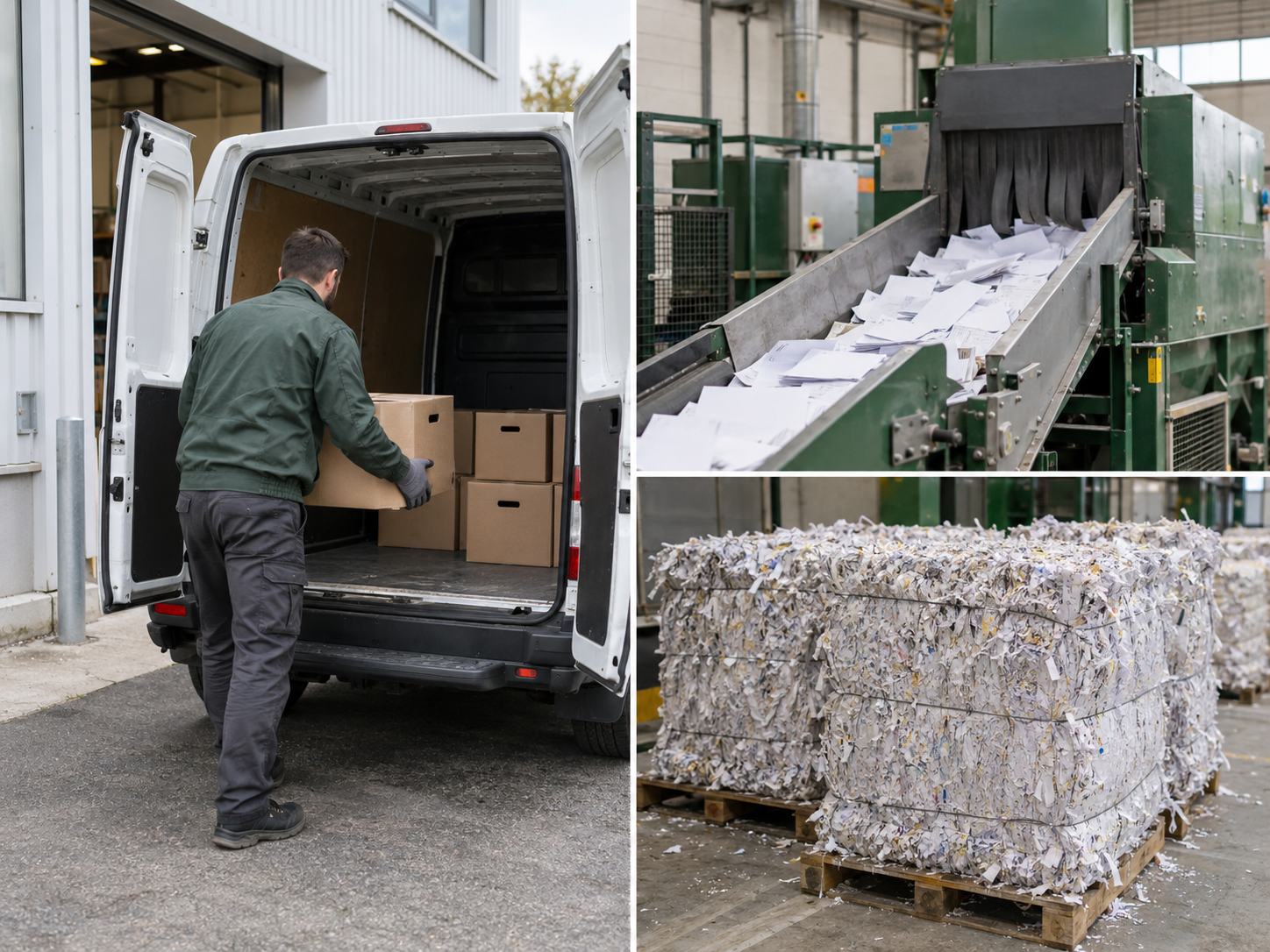 Illustration en trois scènes : chargement de cartons d’archives dans une camionnette, broyage industriel et balles de papier déchiqueté.
